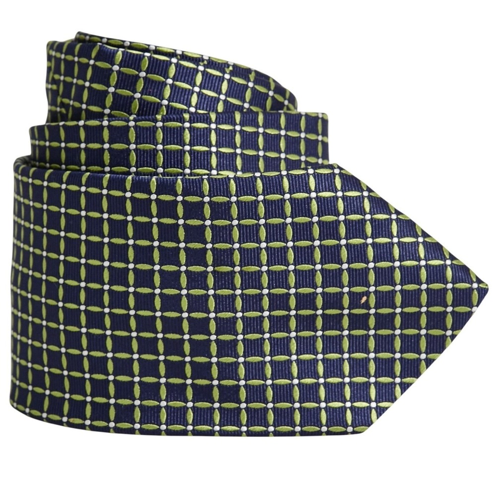 Brooks Brothers 346 Mens Silk Tie Navy & Green Geometric Pattern Stain Resistant
